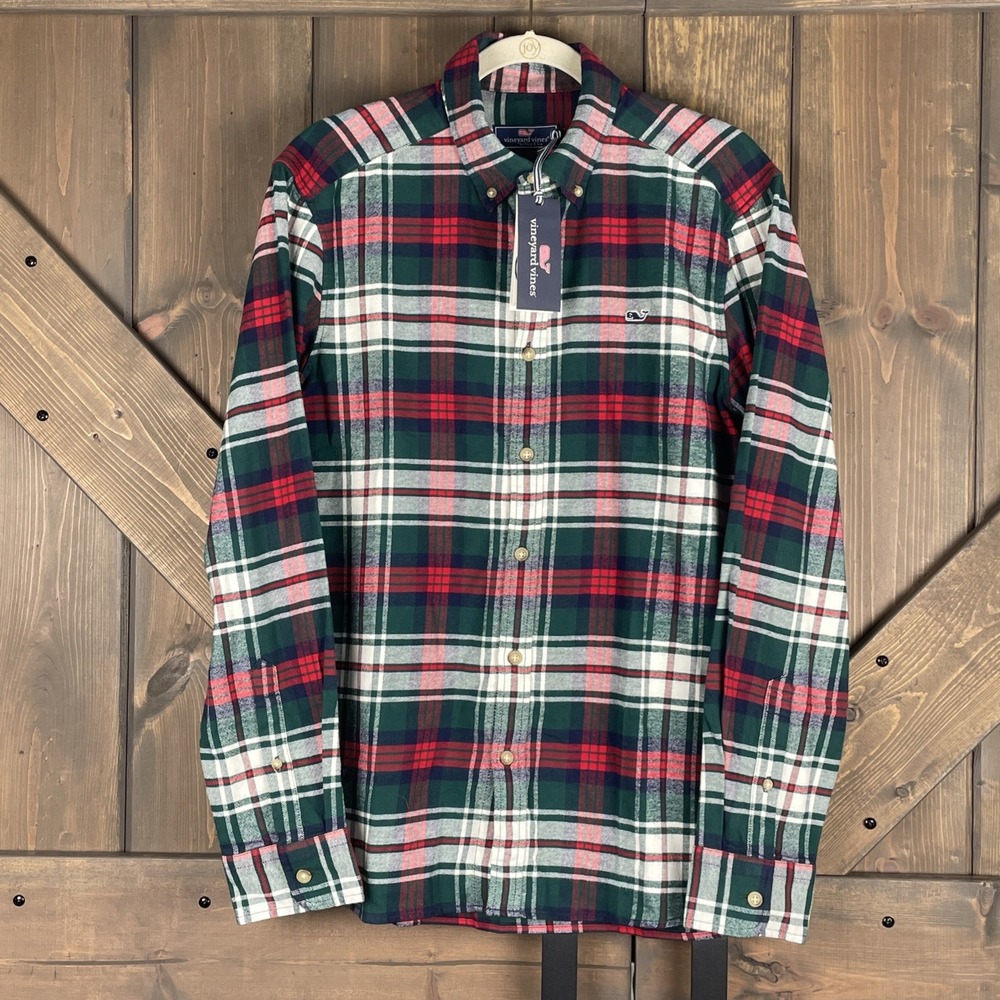 NWT Vineyard Vines Men's Plaid Flannel Tartan Whale Shirt Charleston Green Sz M